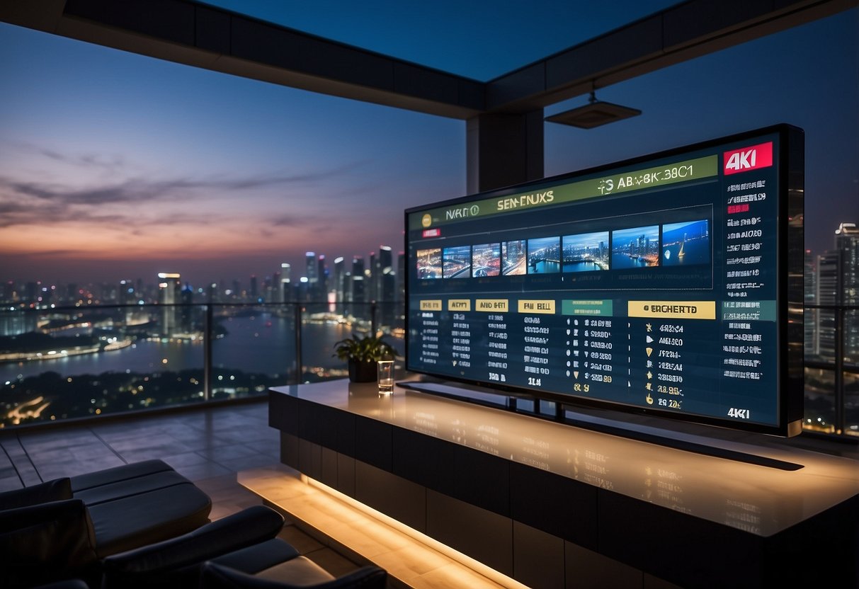 A Formula 1 Singapore timetable displayed on a large digital screen with a backdrop of the city skyline at night