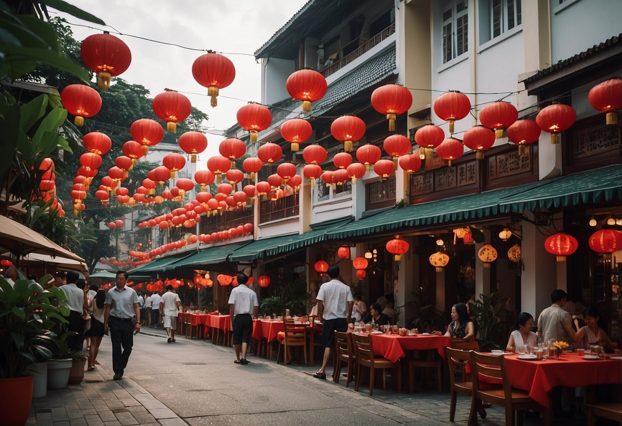Vibrant street scene with colorful shophouses, bustling outdoor dining, and iconic red lanterns at Gaig Gaig restaurant, Singapore