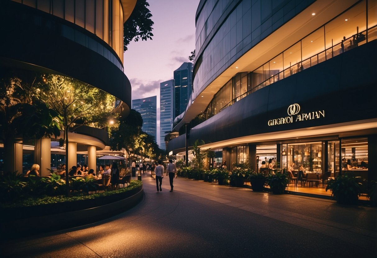 The bustling streets of Singapore with iconic Giorgio Armani storefront and vibrant city lights
