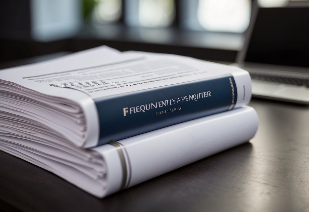 A stack of papers with "Frequently Asked Questions" printed on top, next to a Giorgio Armani logo, on a sleek desk