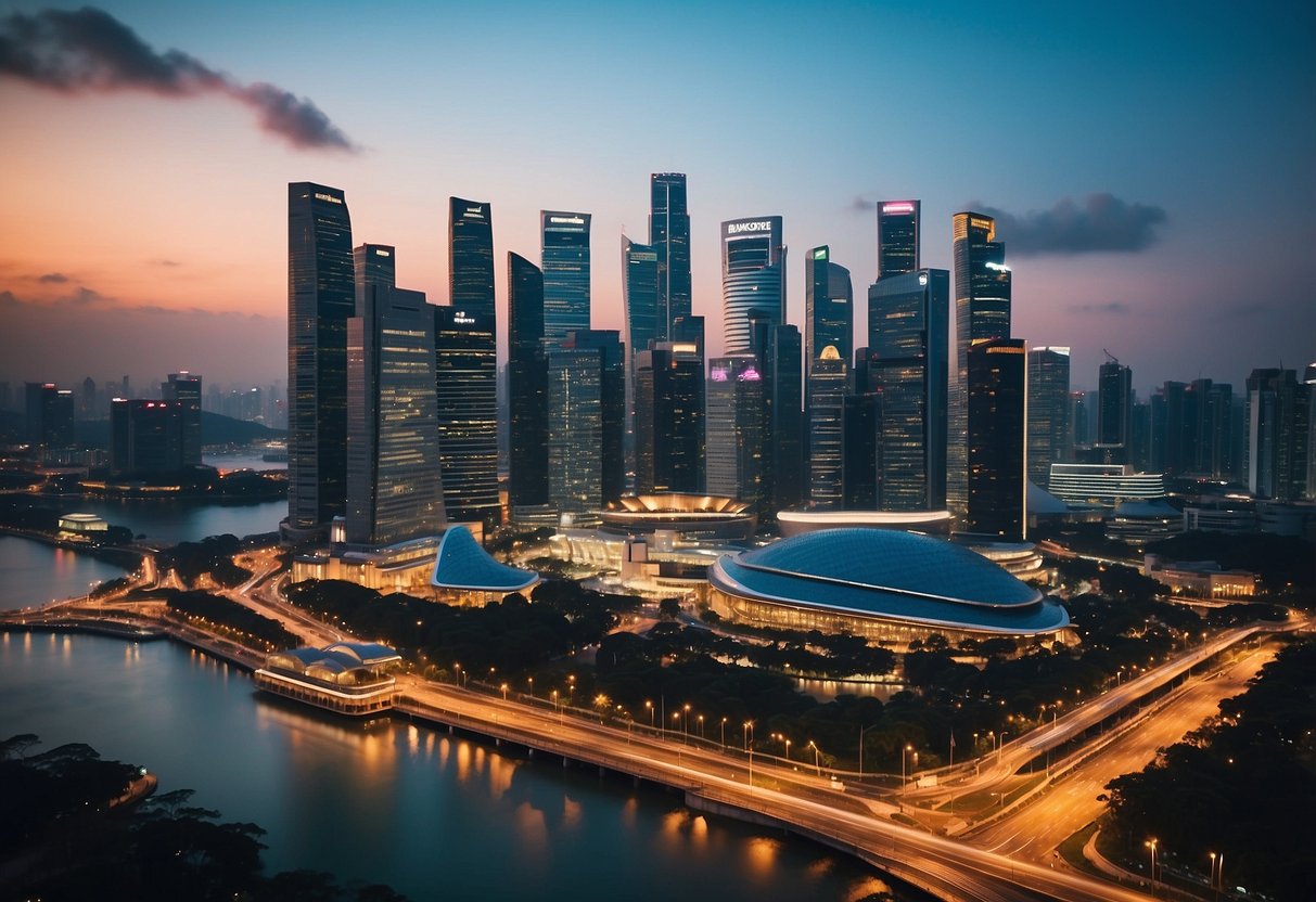 A bustling cityscape with iconic skyscrapers and bustling streets, showcasing the modern architecture and vibrant energy of Singapore