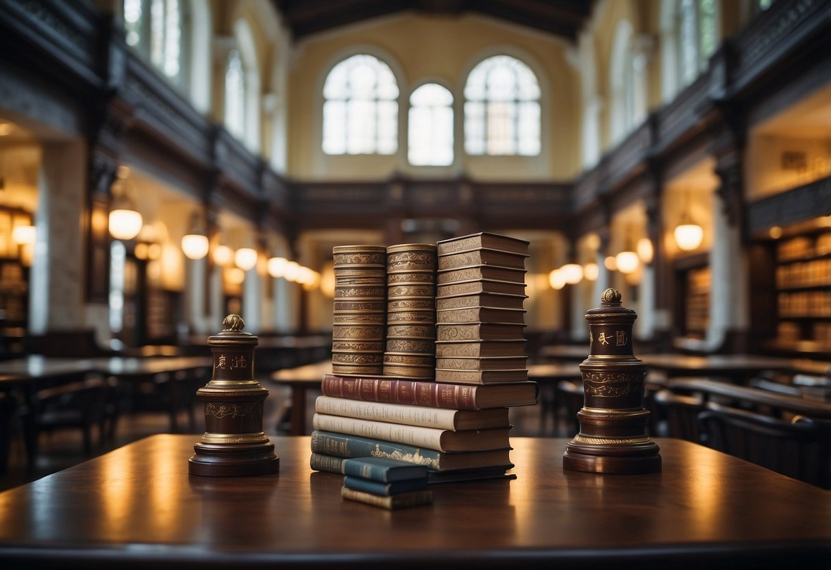 A grand library with ancient scrolls and modern technology, symbolizing the rich history and significance of GSS Singapore