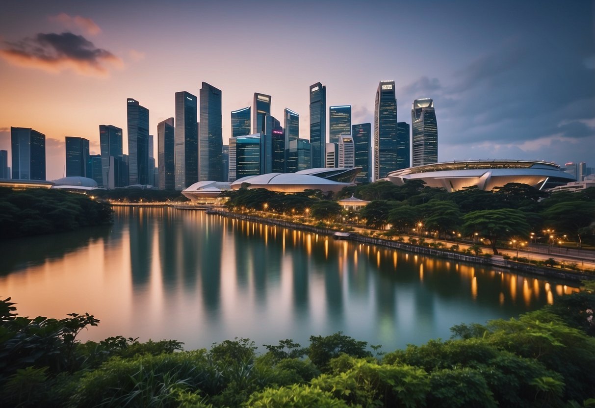 A bustling cityscape with iconic Singapore landmarks, vibrant street markets, and diverse cultural influences. The skyline is dominated by modern skyscrapers and lush greenery