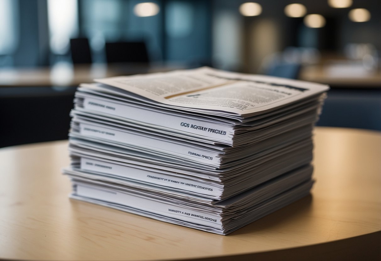 A stack of FAQ pamphlets with "Frequently Asked Questions GSS Singapore" printed on the cover, surrounded by a modern office setting