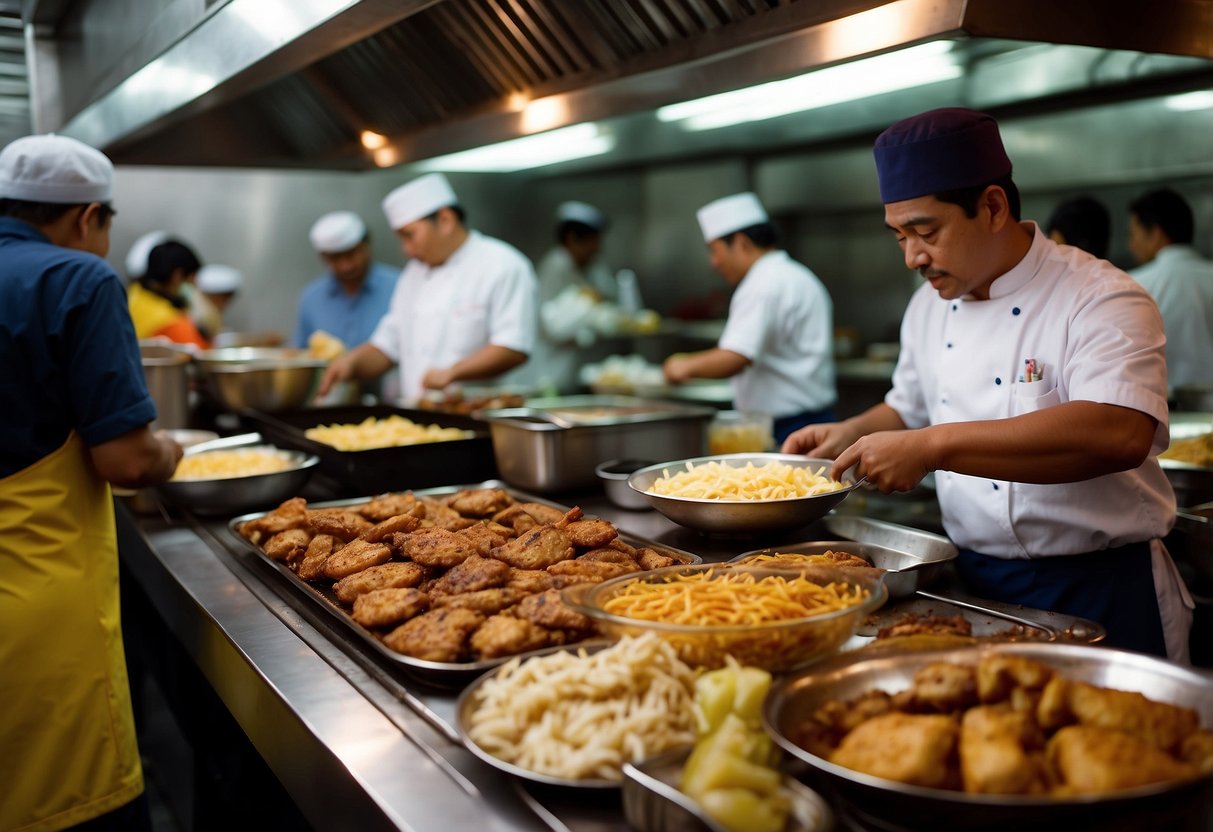 A bustling food stall serves halal western dishes in Singapore. Customers line up as chefs grill burgers and fry chicken