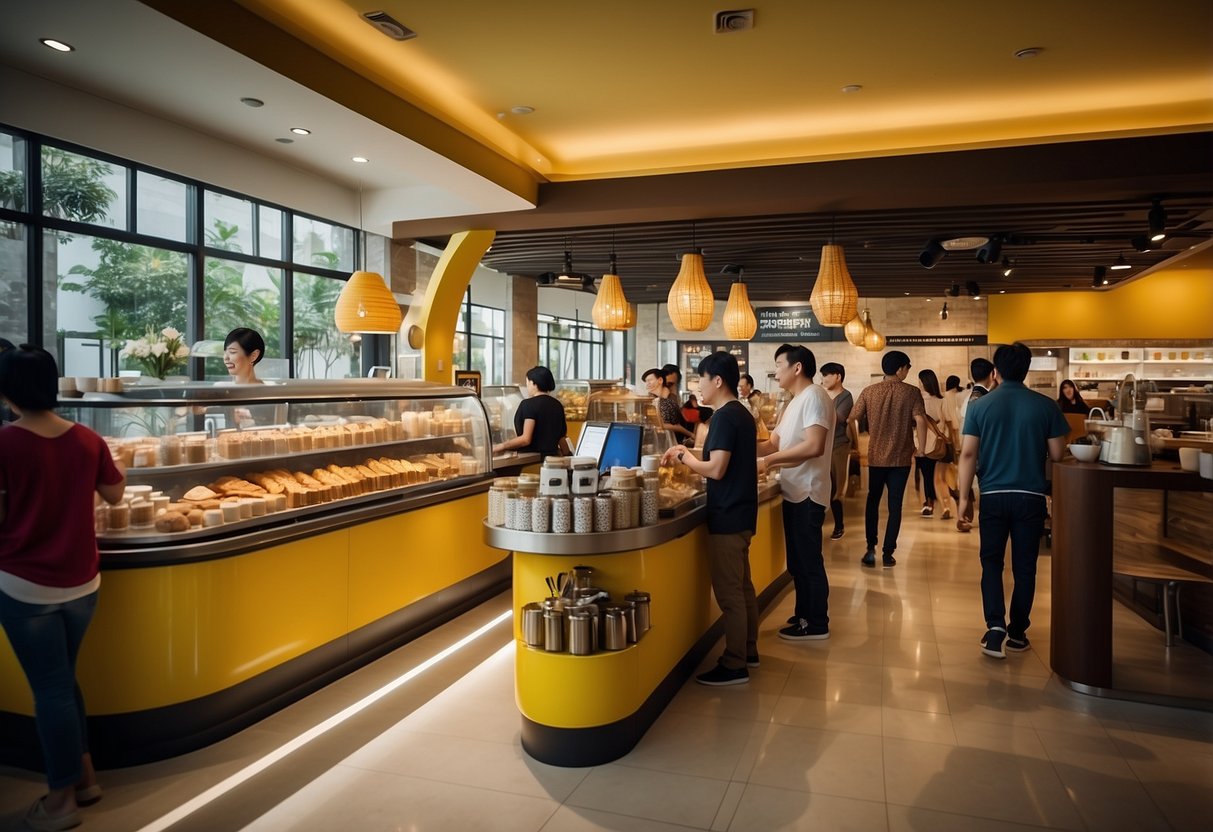 A bustling Heytea Singapore outlet with vibrant decor and a long queue of customers eagerly waiting to order their signature cheese tea drinks
