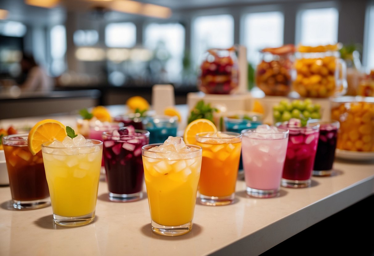 A vibrant display of HeyTea's signature drinks and snacks, arranged on a sleek, modern counter. Bright colors and enticing packaging draw in customers