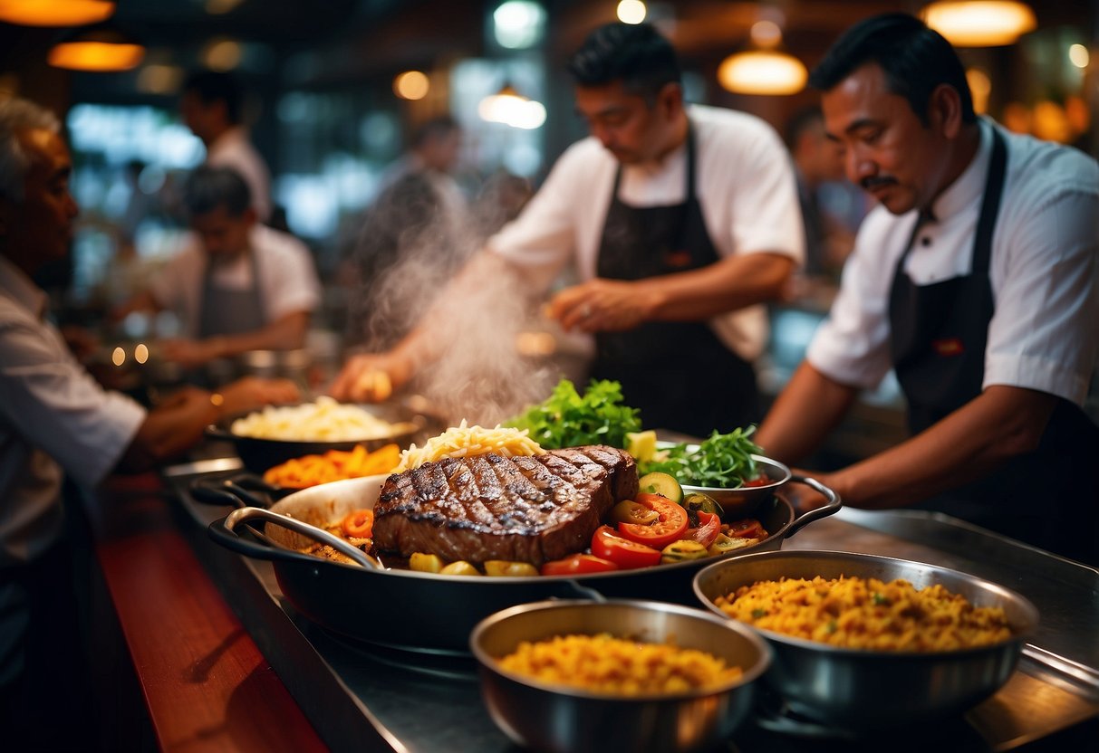 Customers enjoying halal western dishes in a vibrant Singapore restaurant. The chef prepares a sizzling steak while the aroma of spices fills the air
