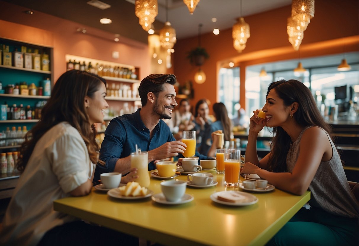 Customers sipping Heytea drinks in a vibrant, modern store with colorful decor and a bustling atmosphere