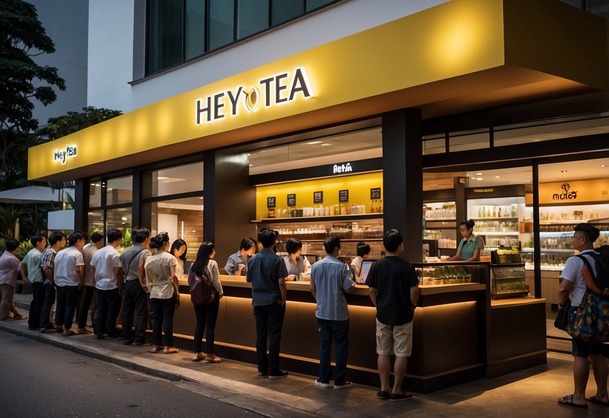Customers line up outside Heytea Singapore, eager to order their favorite drinks. The vibrant store front and logo catch the eye, while the menu board displays the wide array of beverage options available