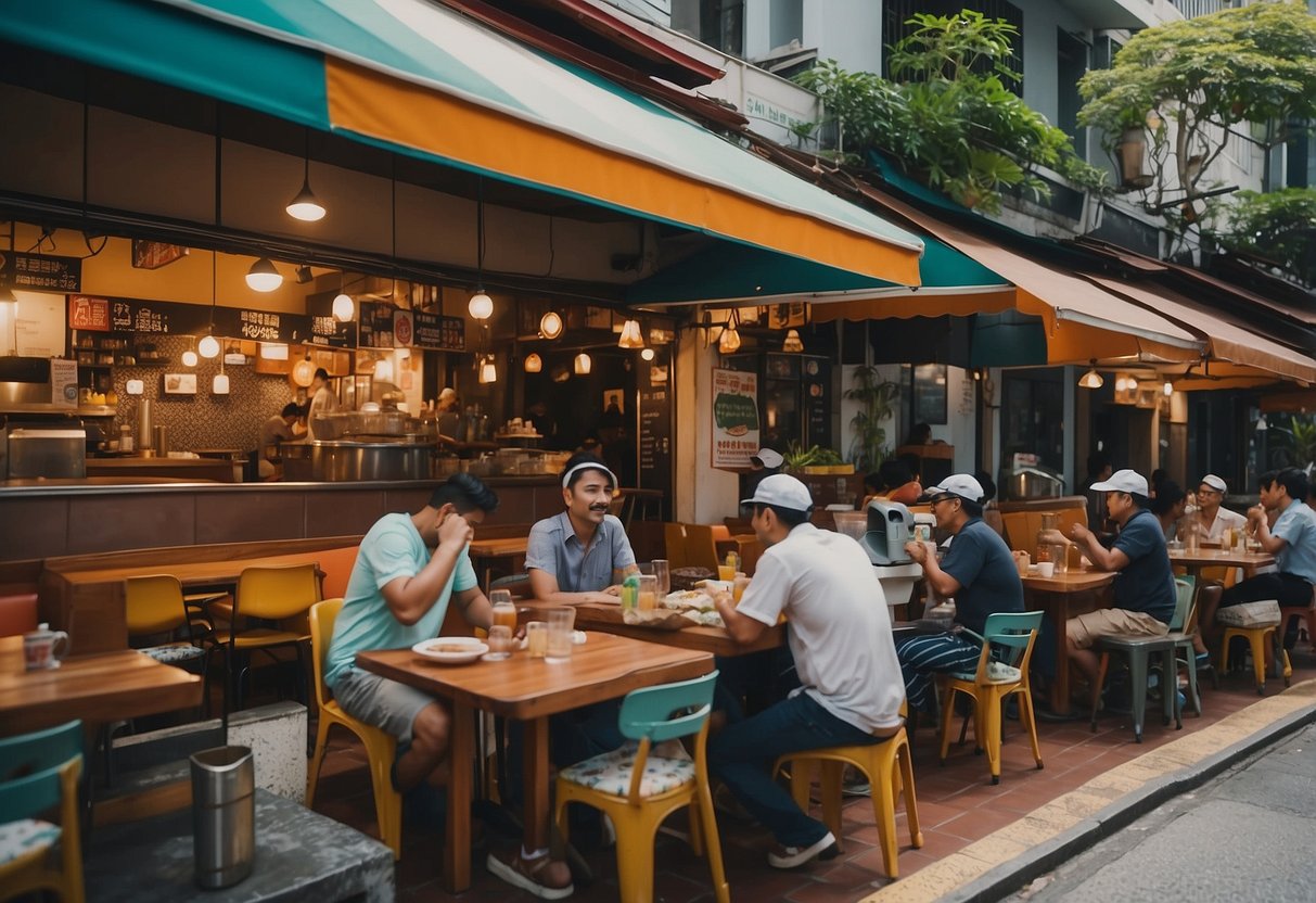People enjoying halal Western food in vibrant Singapore neighborhoods. Outdoor cafes, colorful signage, and diverse customers create a lively atmosphere