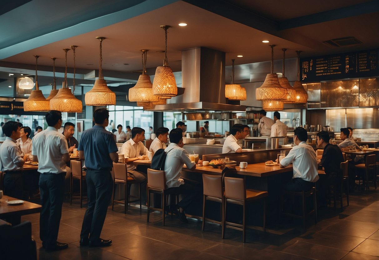 A bustling Singapore restaurant serving halal western cuisine, with customers asking questions and staff busy serving food