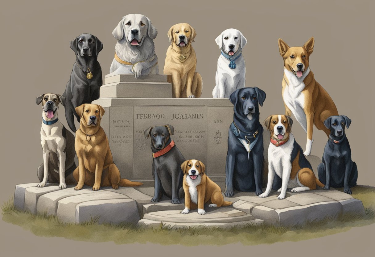 Dogs from different historical periods gather around a stone monument inscribed with famous dog names