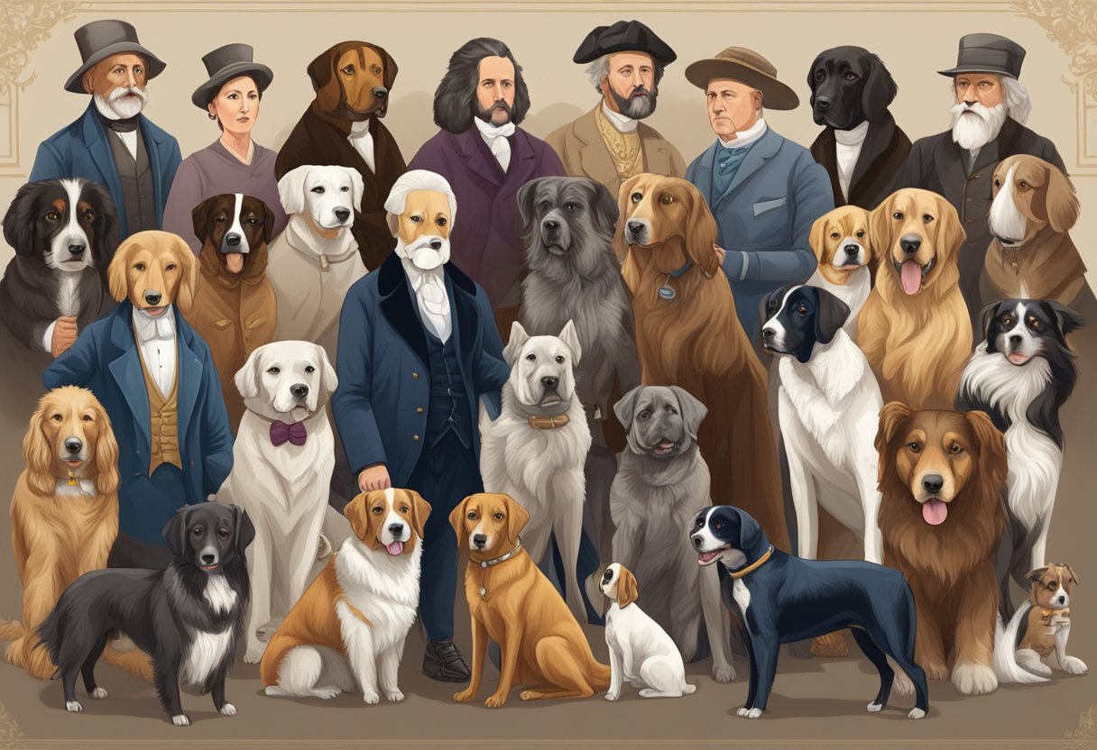 Famous historical figures with their dogs, depicting various dog breeds and names from different time periods