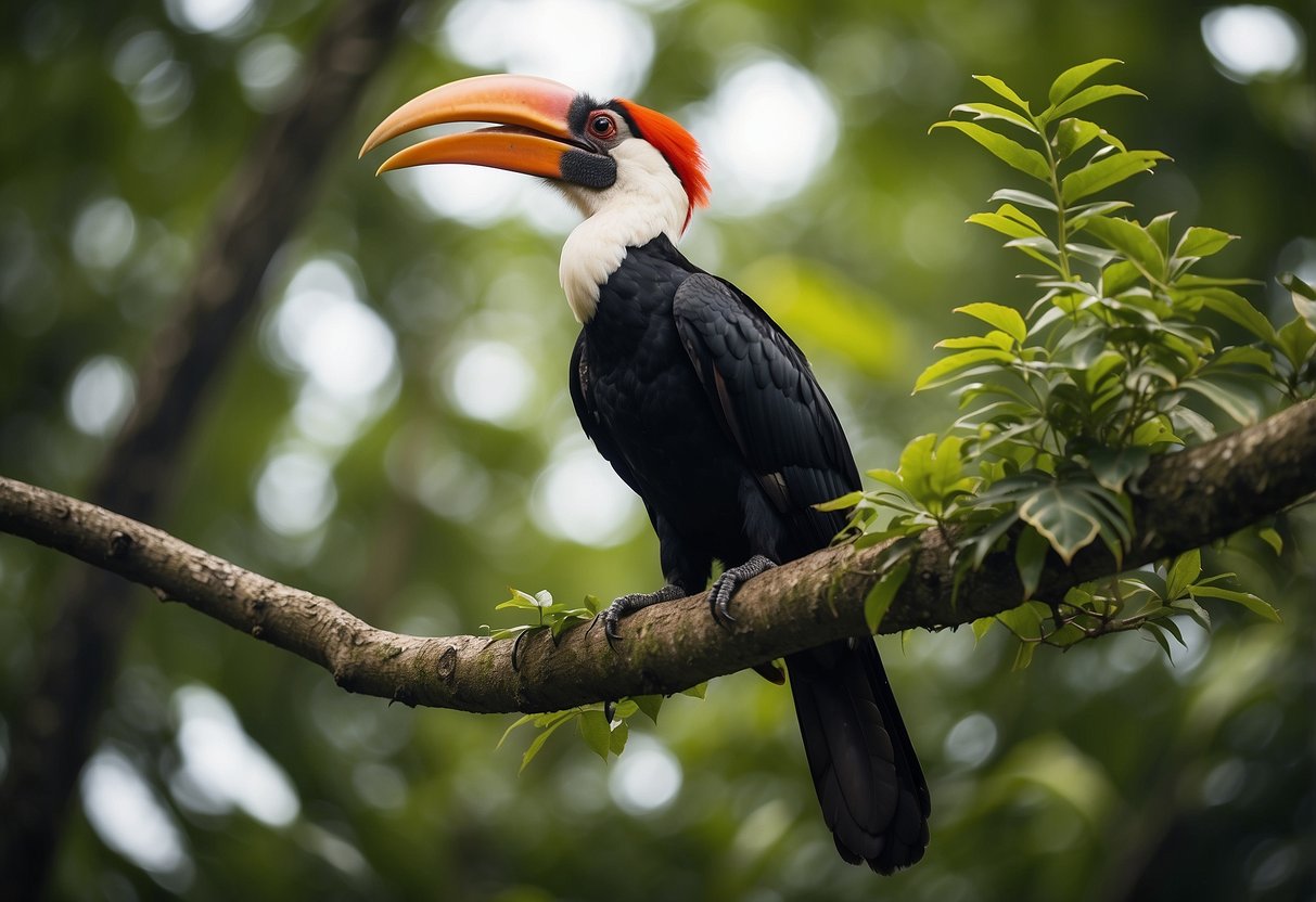 A vibrant hornbill perched on a lush tree branch in the tropical landscape of Singapore