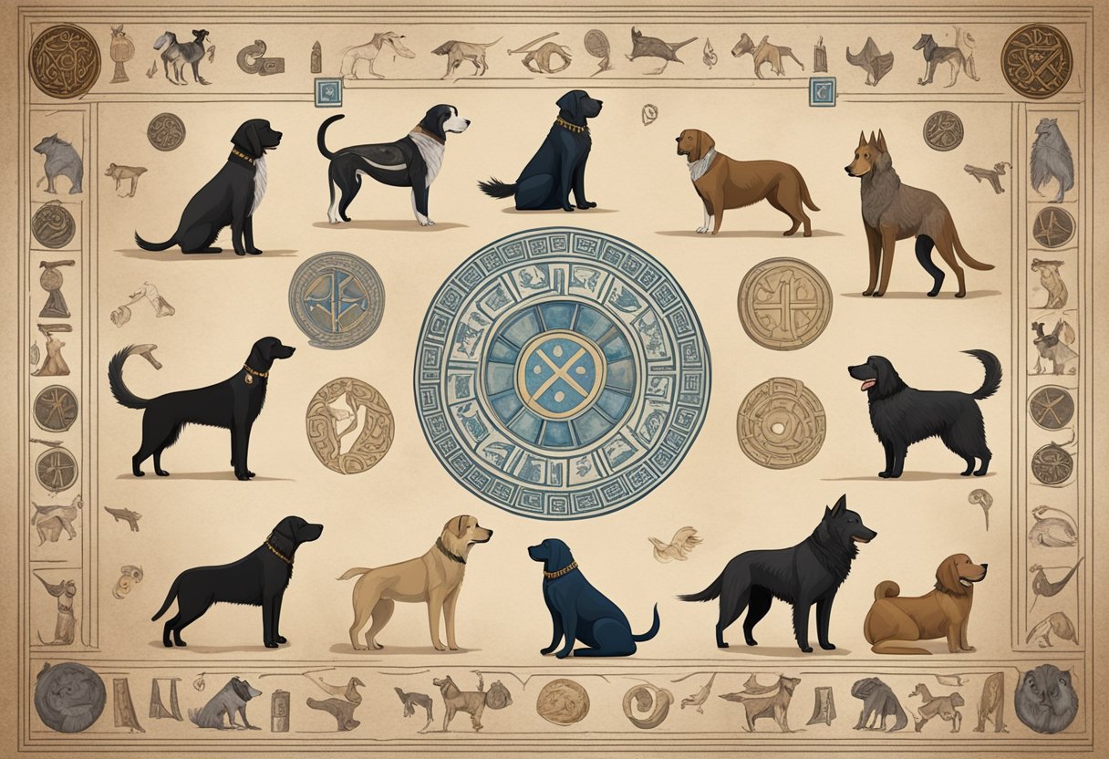 Dogs surrounded by ancient Greek and Norse symbols, with names like Zeus and Odin on a parchment