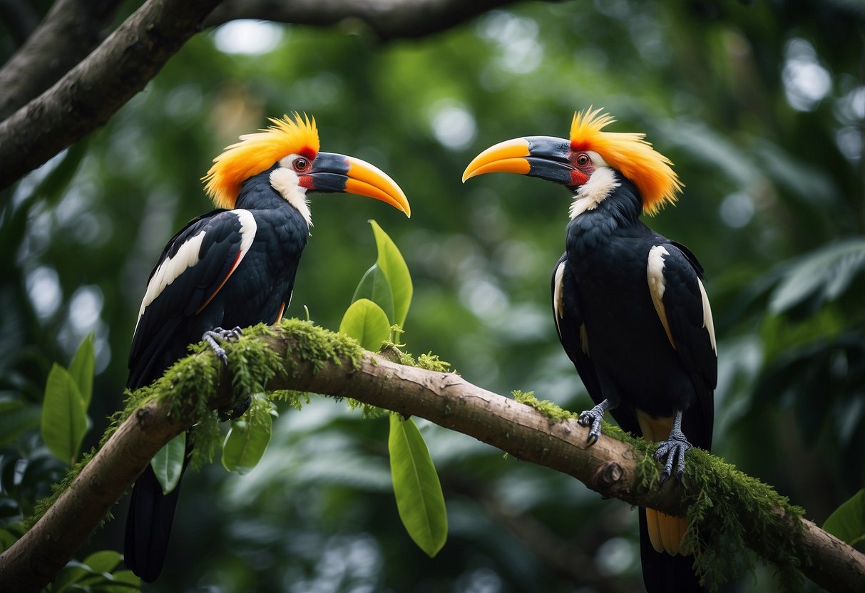 Two vibrant hornbills perched on a lush tree branch in the heart of Singapore, surrounded by tropical greenery