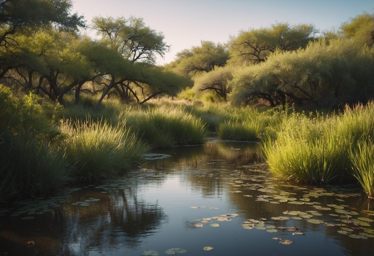 Lush wetlands teeming with diverse wildlife, winding river, and vibrant vegetation in the Rio Salado Habitat Restoration Area