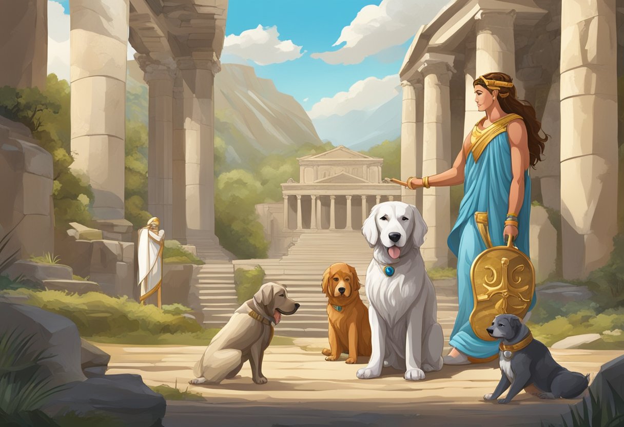 Legendary characters like Zeus, Hercules, and Athena are depicted as dog names on a historical backdrop with ancient ruins and artifacts
