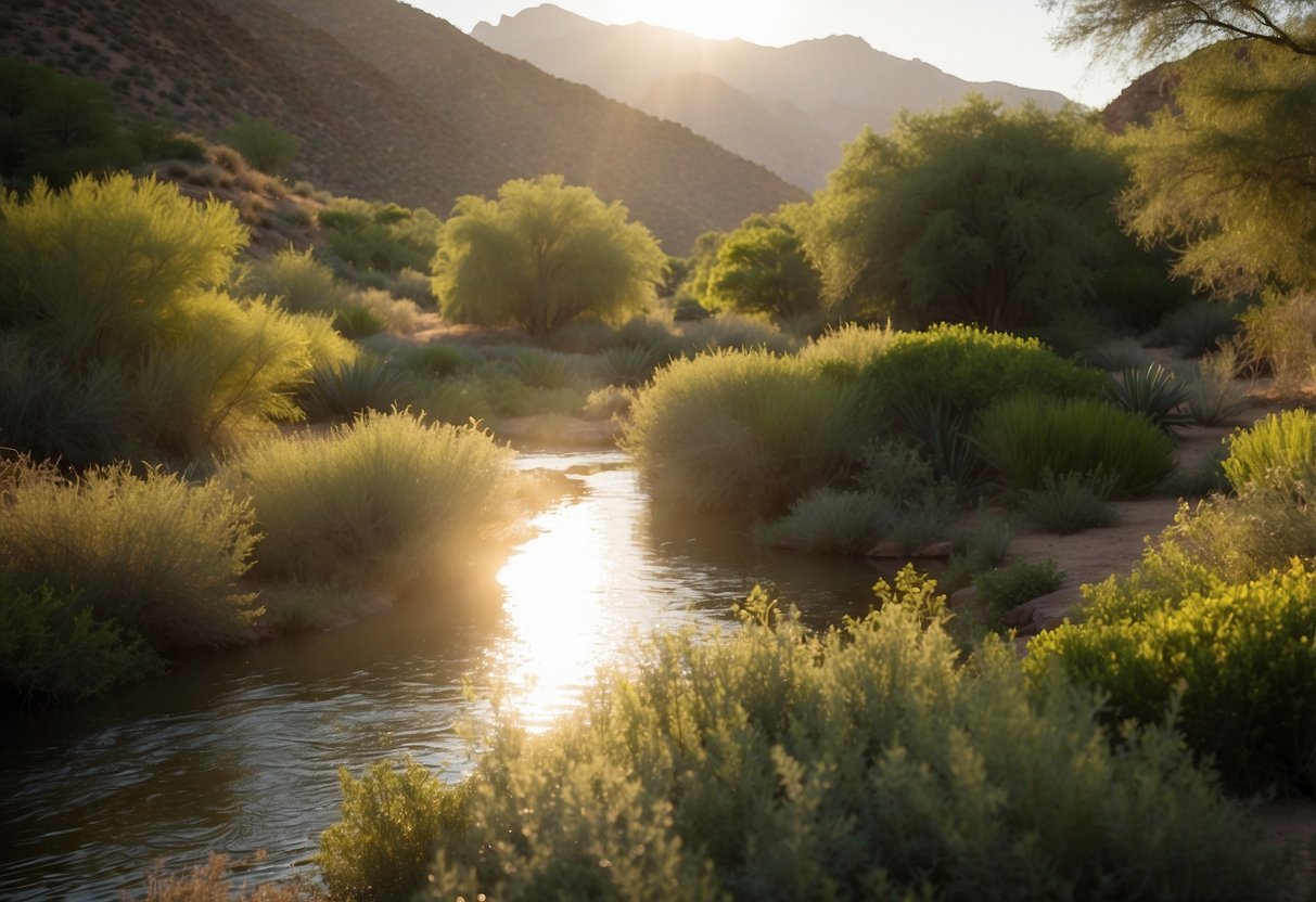 Sunlight filters through lush vegetation, birds soar above the winding river, and native plants thrive in the restored Rio Salado Habitat