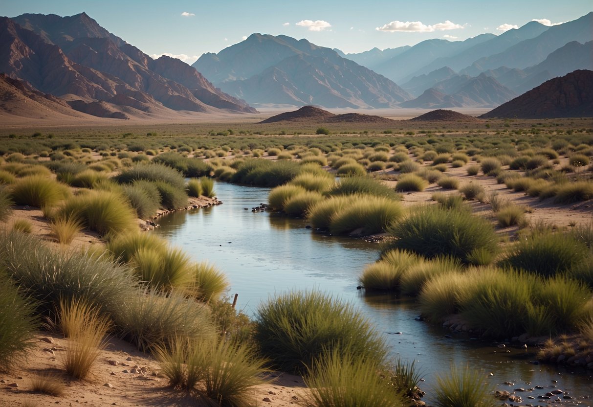 Lush wetlands teeming with diverse wildlife, bordered by a meandering river and framed by rugged desert mountains