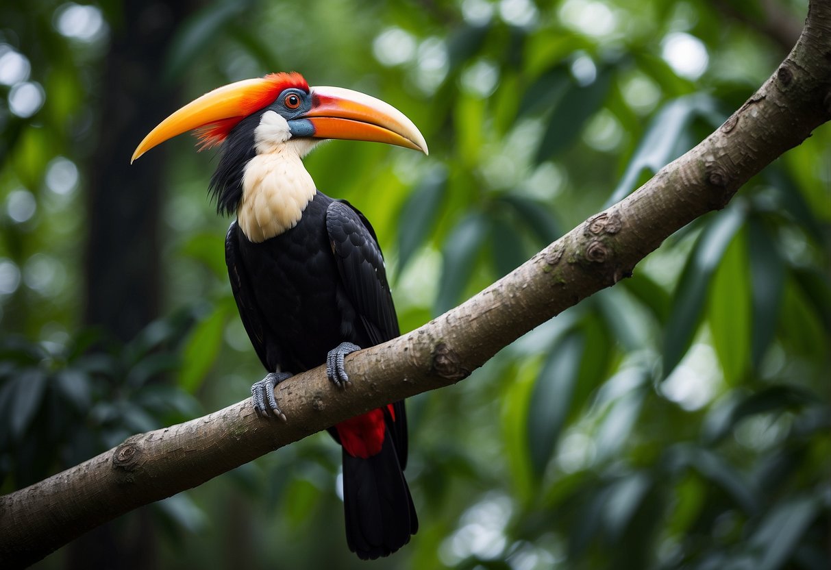 A vibrant hornbill perched on a lush branch in the Singaporean jungle, with its striking plumage and distinctive bill on display