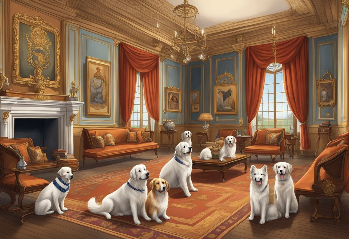 A grand hall filled with regal canines, each bearing a noble title or moniker from history. Royal banners hang from the walls, and elegant dog accessories adorn the room