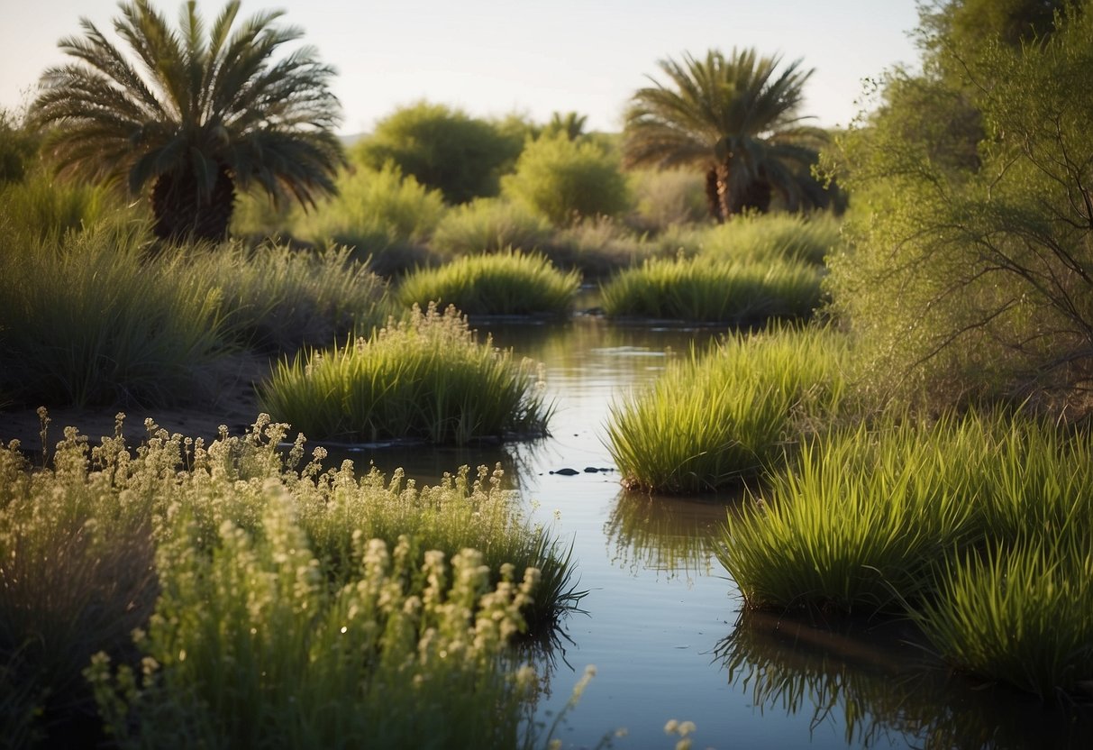 Lush wetlands with diverse plant life, flowing river, and various bird species in Rio Salado Habitat Restoration Area