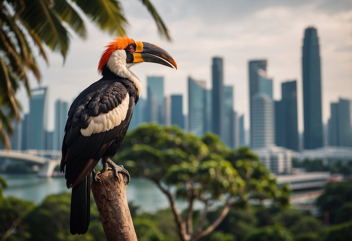 A hornbill perched on a tree branch, with the iconic Singapore skyline in the background