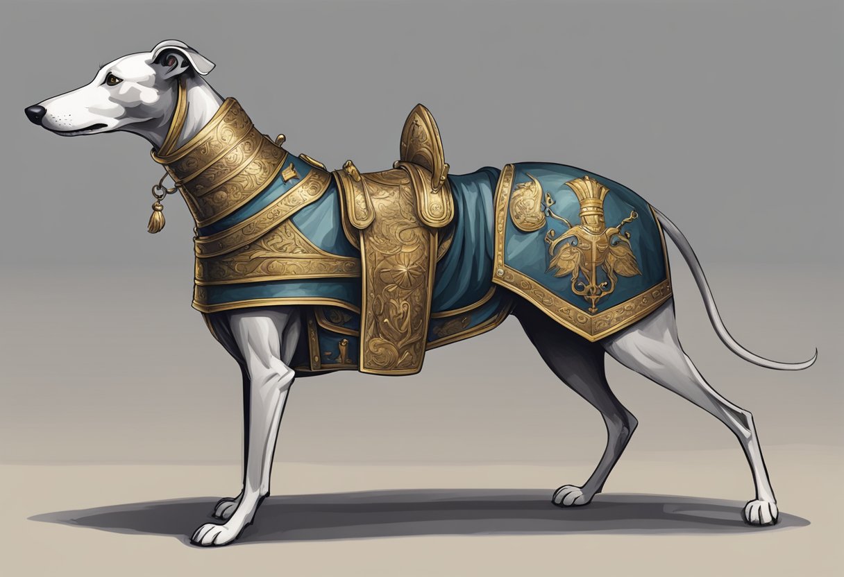 A regal greyhound stands beside a medieval knight, both adorned with symbols of their era