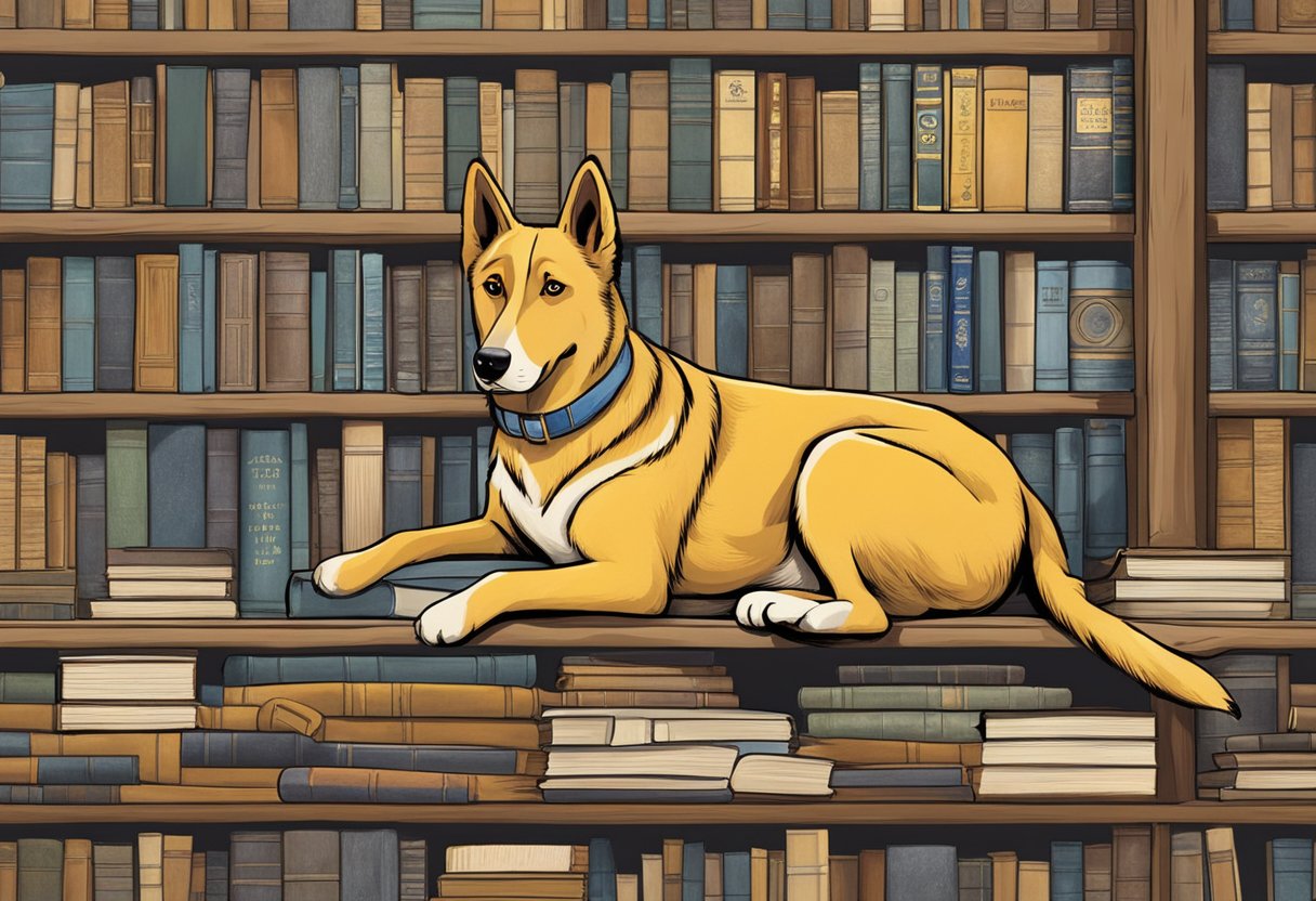 A dog surrounded by books, with titles like "Lassie" and "Old Yeller" on the shelves. A paw rests on a page of "Call of the Wild."