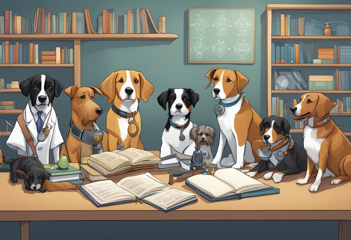 A group of dogs are gathered around a table filled with scientific instruments and books. They are wearing name tags with names like Newton, Tesla, and Curie