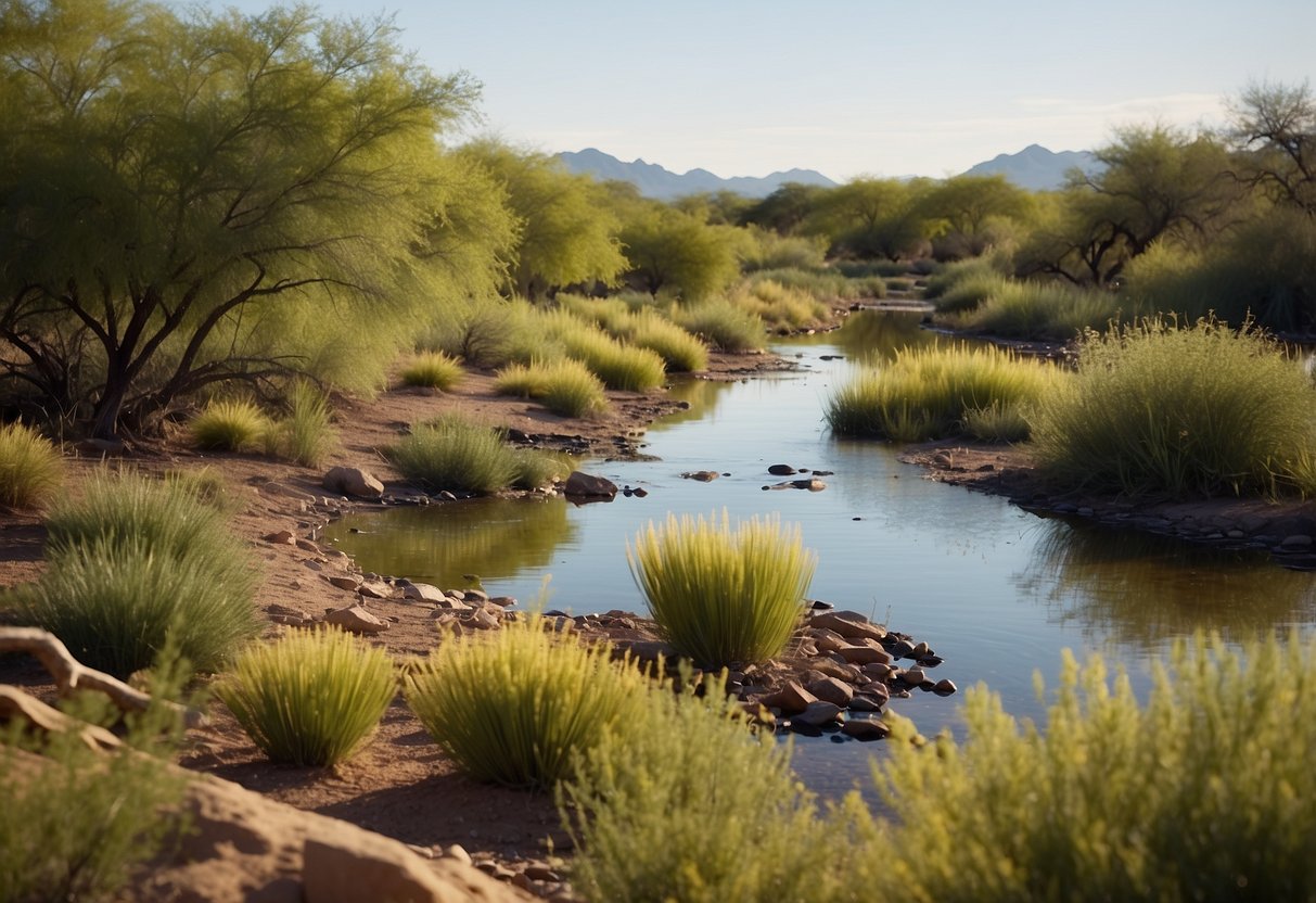 Lush wetlands with diverse flora and fauna, meandering river, vibrant birdlife, and informative signage at Rio Salado Habitat Restoration Area