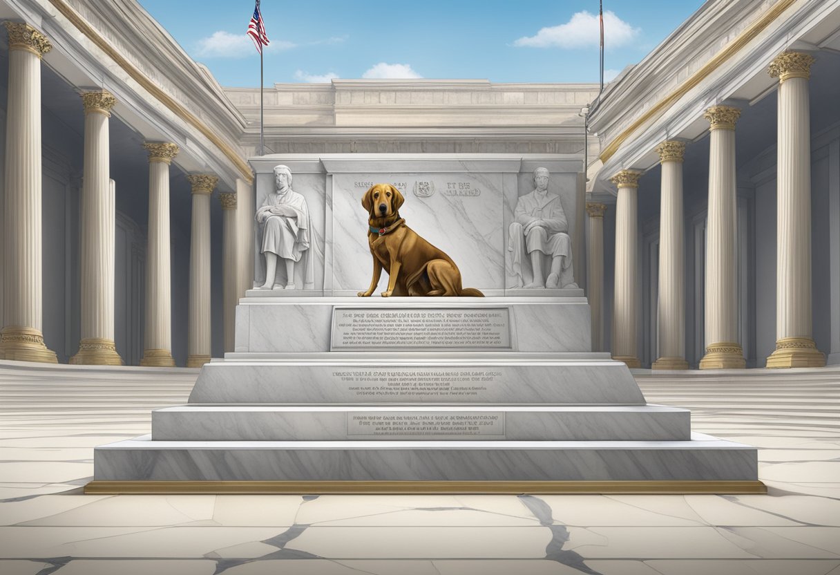 Military and political leaders' historical dog names are engraved on a marble monument in a grand, regal setting