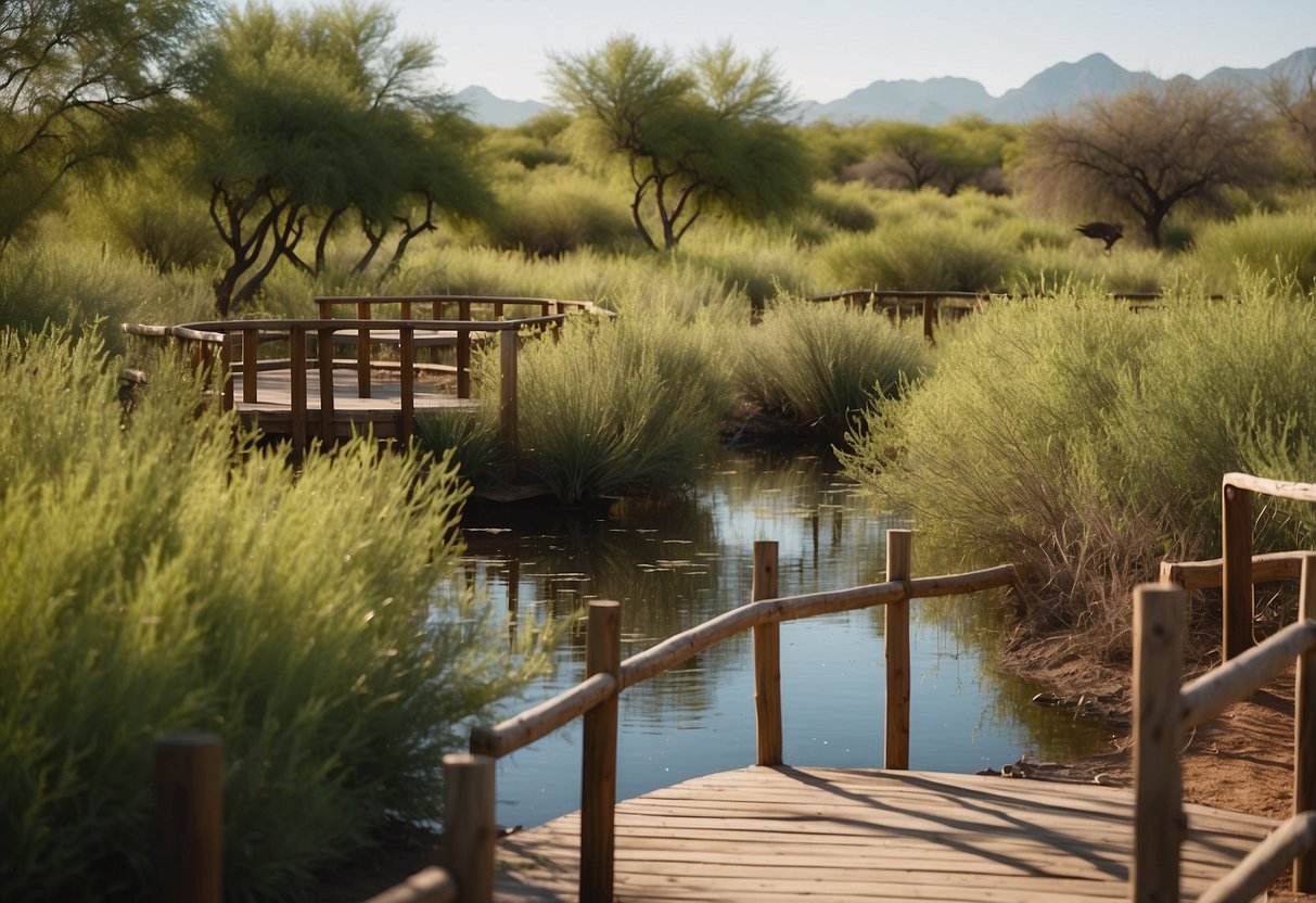 Lush wetlands with winding trails and birdwatching platforms at Rio Salado Habitat Restoration Area