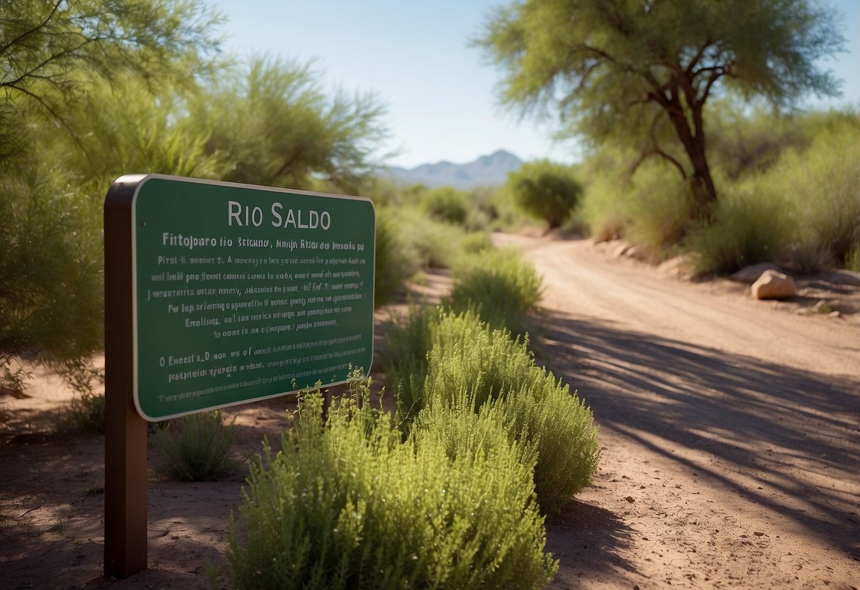 The sign at the entrance of Rio Salado Habitat Restoration Area displays the Rules and Regulations in bold letters, with a backdrop of lush greenery and a flowing river