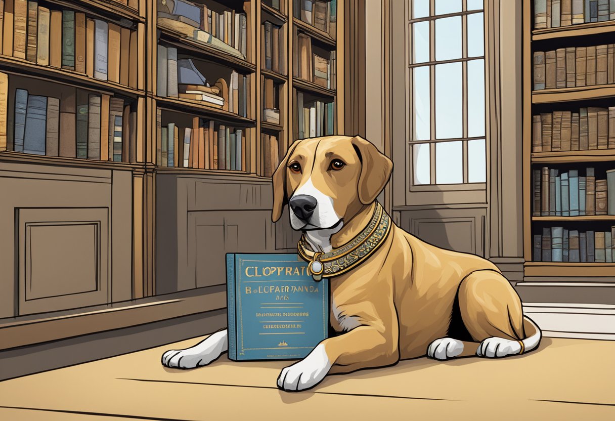 A dog with a name tag reading "Cleopatra" sits next to a bookshelf filled with historical figures' biographies