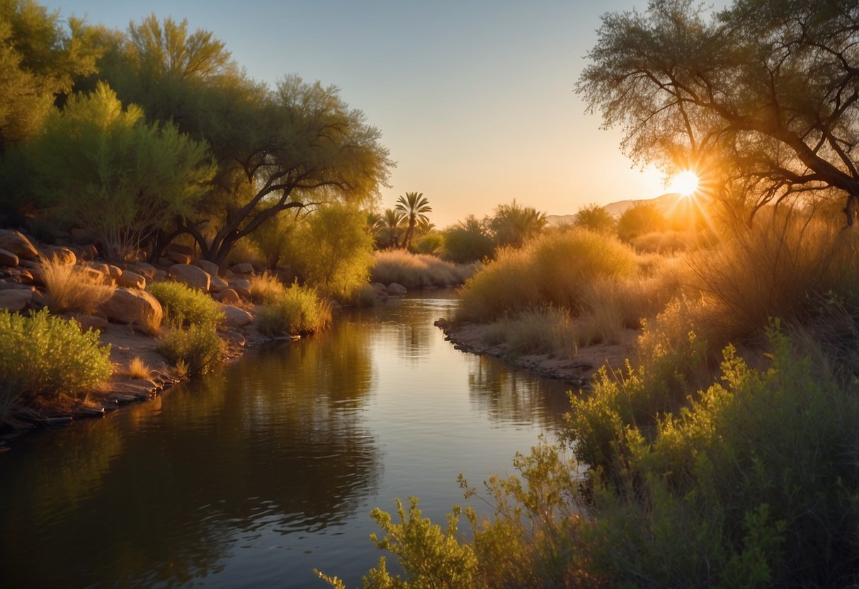 The sun sets over the Rio Salado Habitat Restoration Area, casting a warm glow on the lush vegetation and winding waterways. Birds soar overhead, and the gentle flow of the river creates a peaceful and serene atmosphere