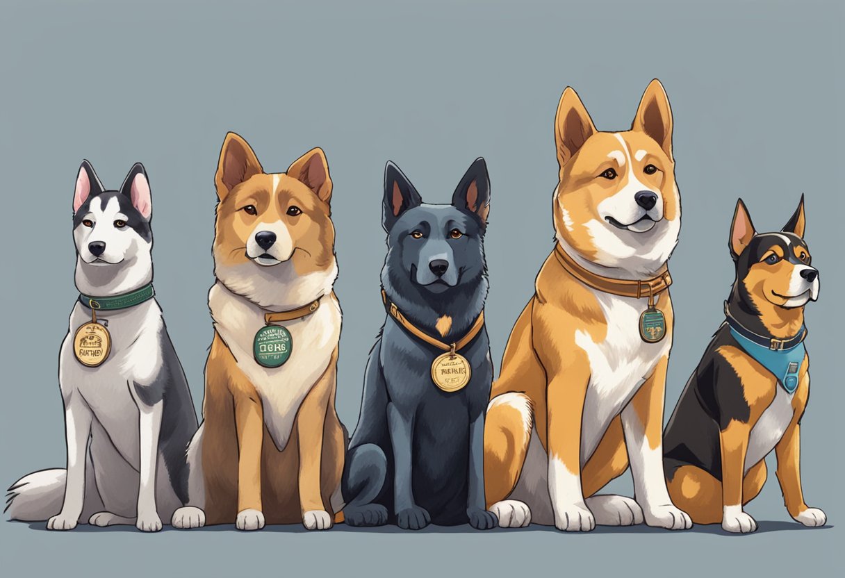Dogs throughout history, from Laika to Hachiko, stand proudly in a row, each with a name tag around their necks
