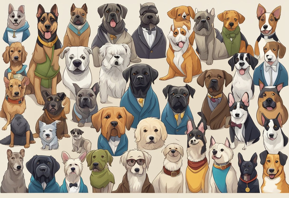 A collection of famous dog characters from literature and comics, including iconic names from history