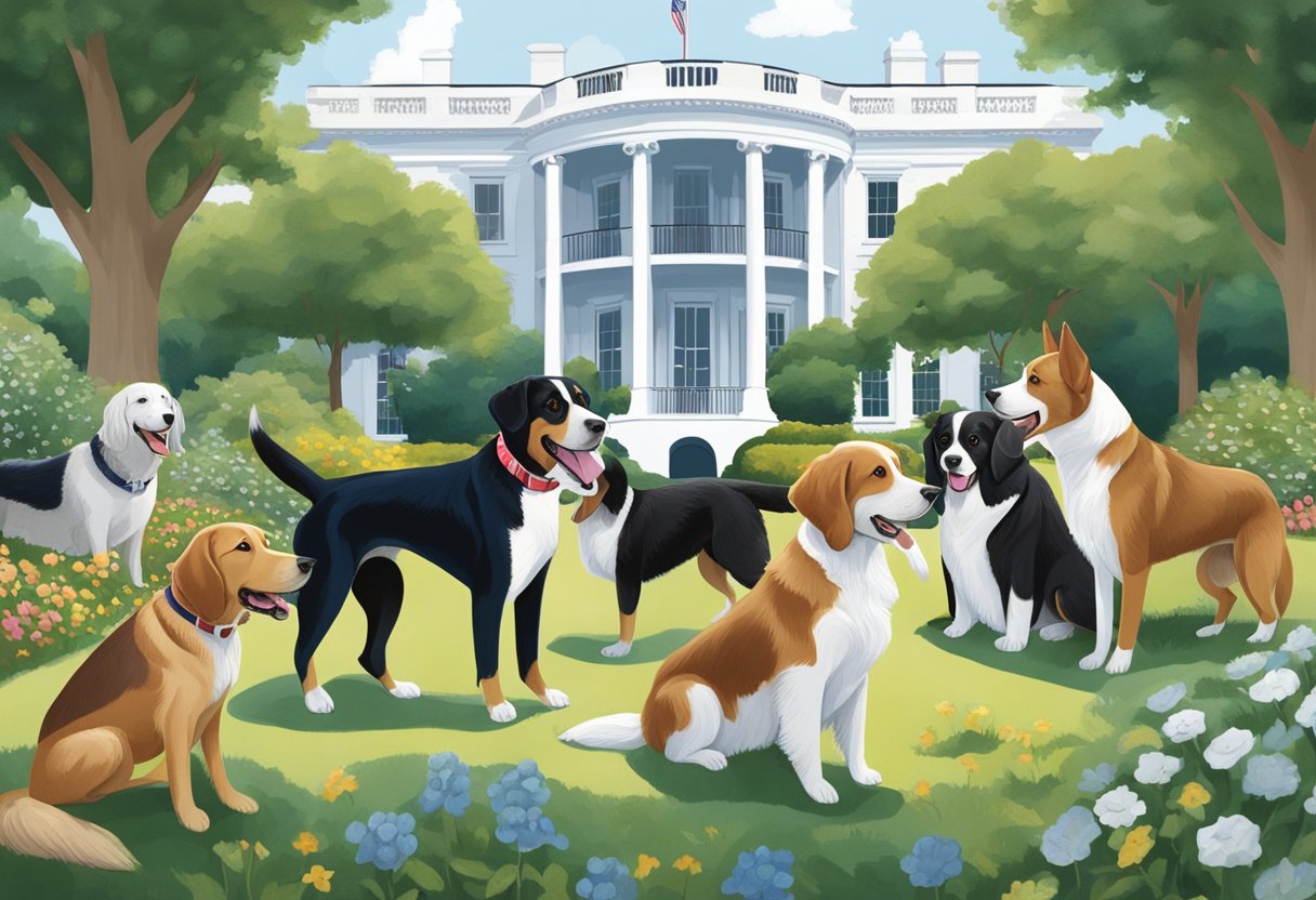 Several dogs play in the White House garden, including famous historical dog names like Fala, Checkers, and Millie