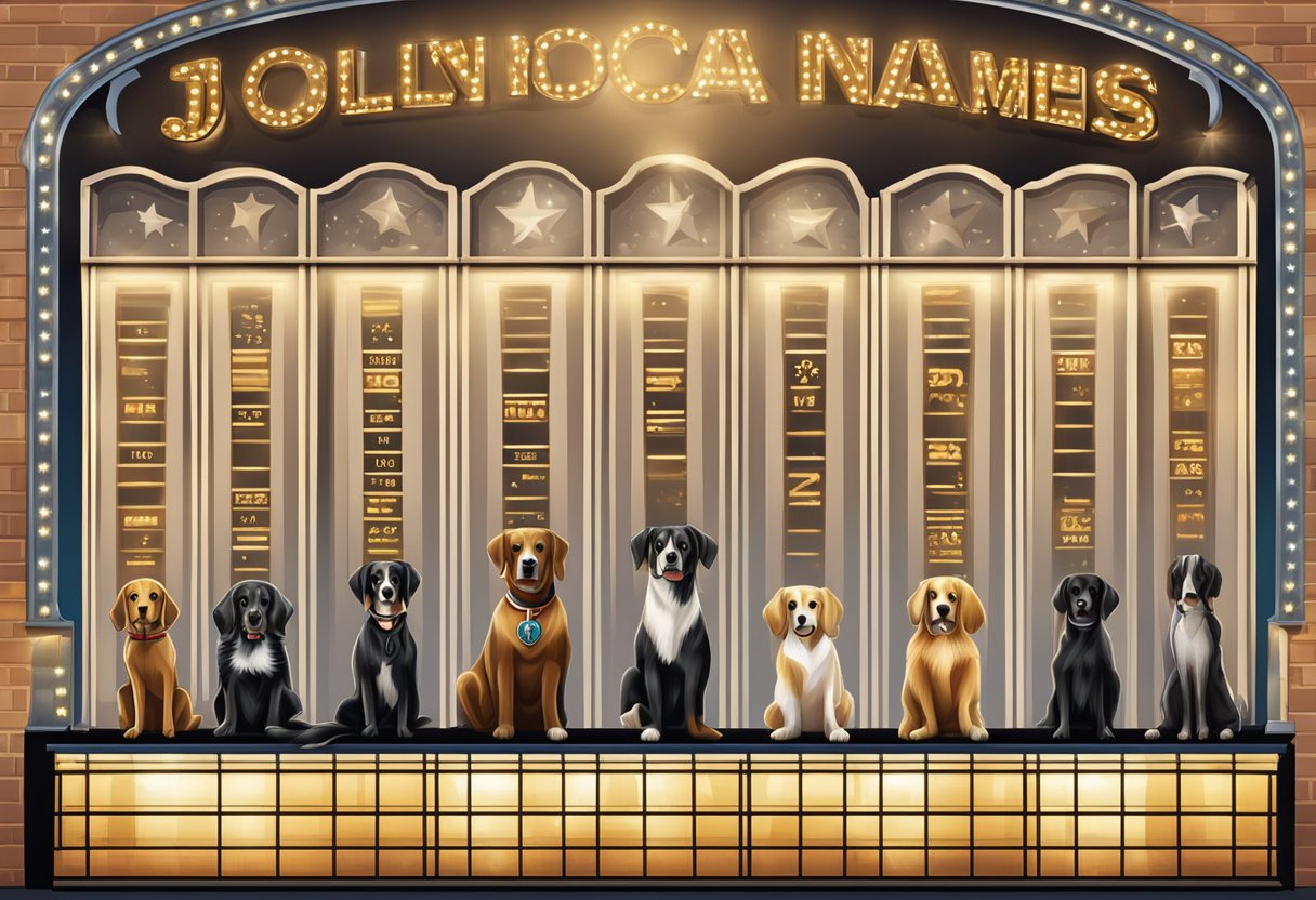 A lineup of iconic Hollywood and historical dog names displayed on a marquee, with spotlights shining down on them