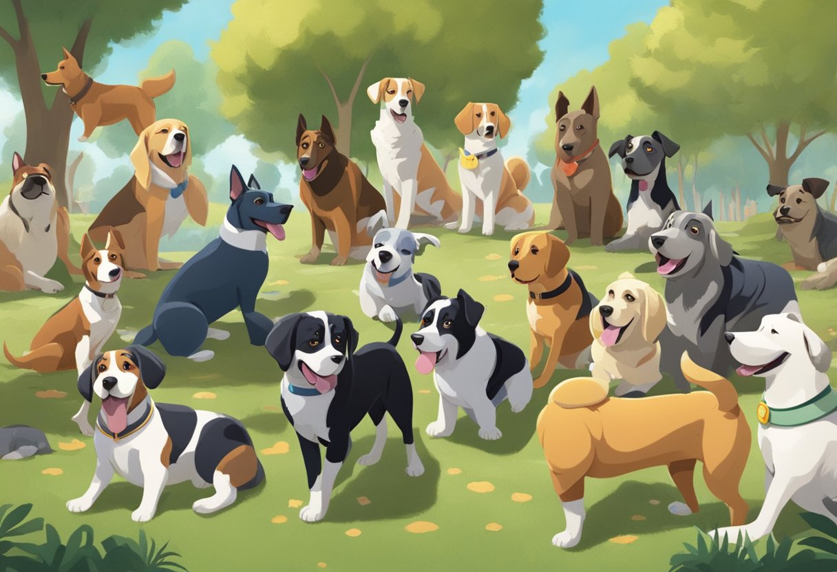 Several famous dogs from animation and television gathered in a park, playing and interacting with each other