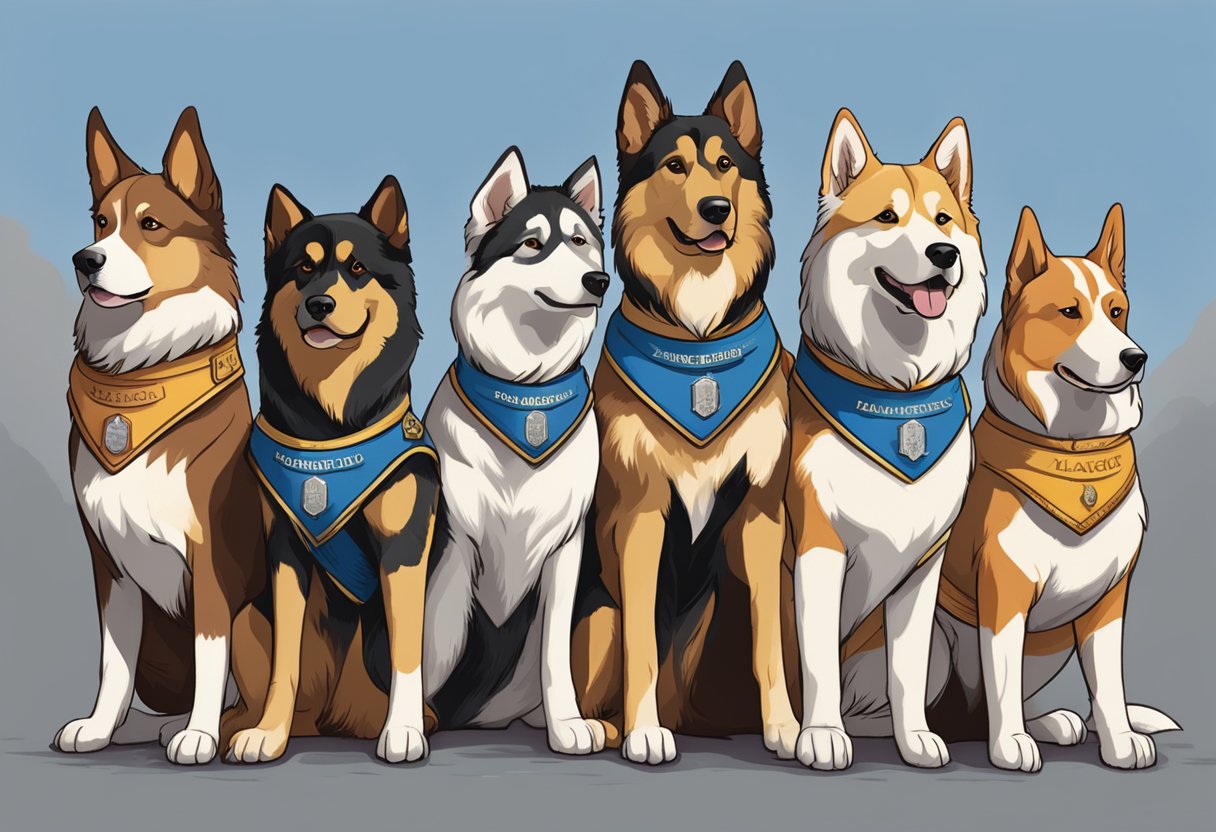 A group of heroic dogs stand proudly, with names like Balto, Lassie, and Hachiko engraved on their collars