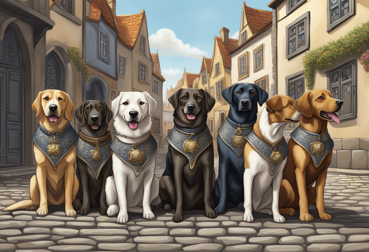 A pack of medieval dogs roam a cobblestone street, their names etched in ornate metal tags hanging from their collars