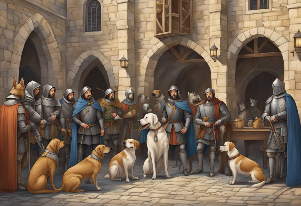 Dogs in medieval times, depicted in a castle courtyard, surrounded by knights and peasants, with names like Fido and Rover