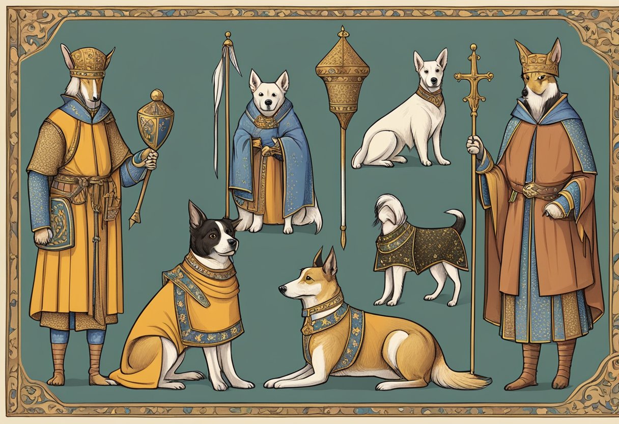 Medieval dogs named after cultural figures, depicted with medieval symbols and attire