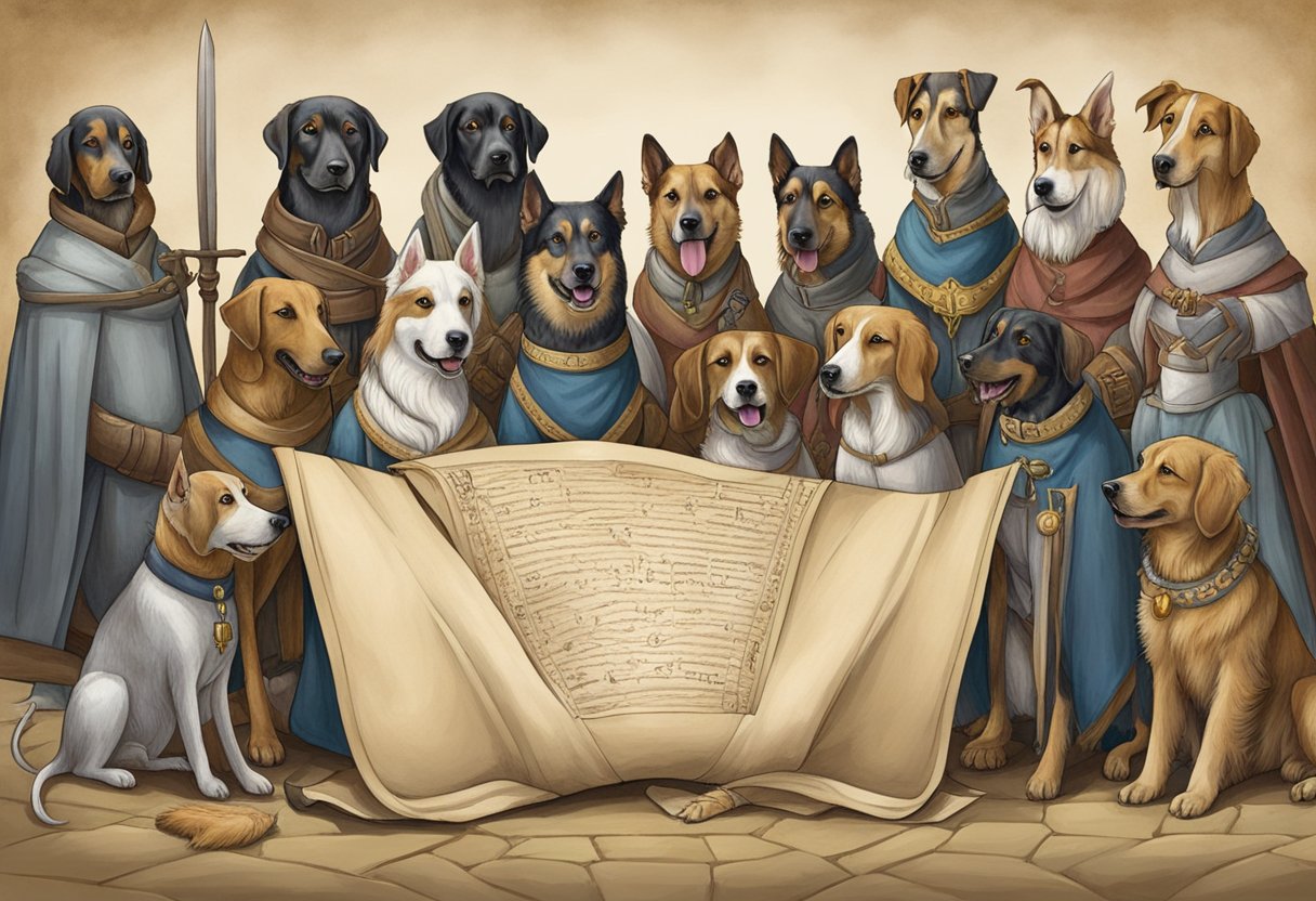 A group of medieval dogs gather around a scroll with names like "Sir Barkington" and "Lady Woofington" written in calligraphy
