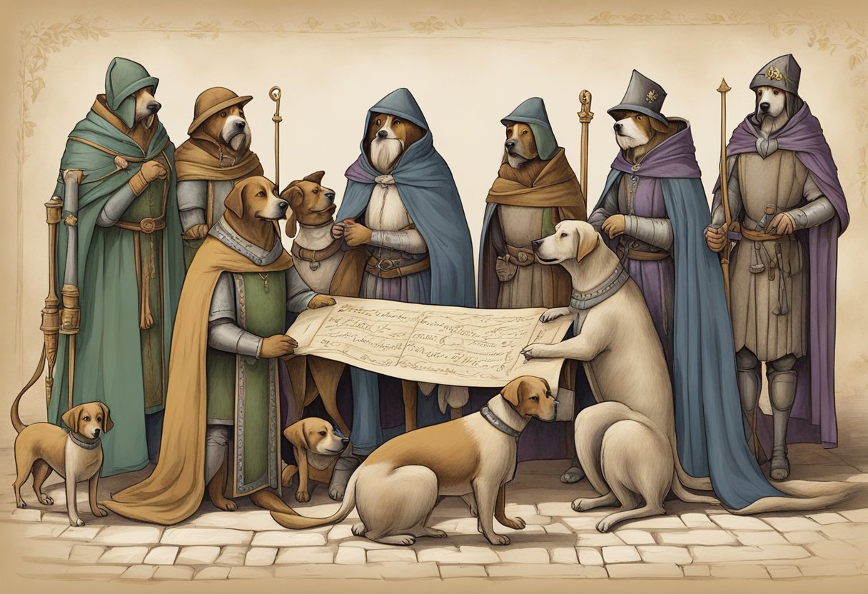 A group of medieval-looking dogs gather around a scroll with names like "Sir Barkalot" and "Lady Woofington" written in elegant script