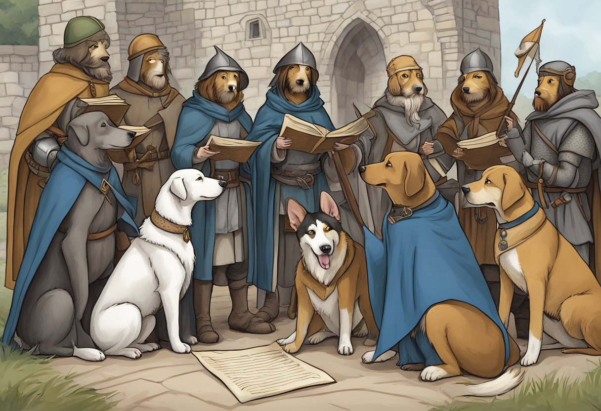 A group of medieval dogs gather around a scroll with "List of Medieval Dog Names" written on it, eagerly awaiting their new titles